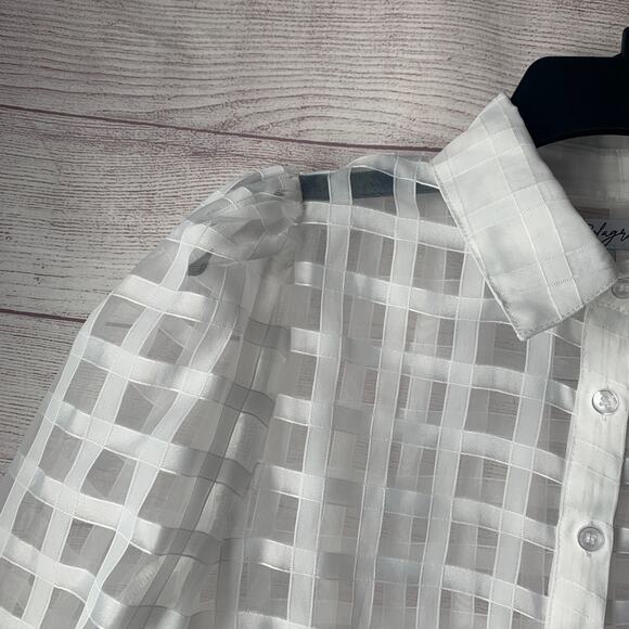Polagram White Lattice Button Down Blouse Long Sleeve Pouf Shoulders Size Small - Picture 5 of 14